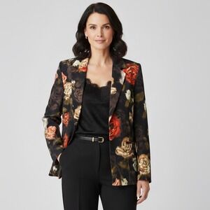 Susan‎ Graver Dark Floral Blazer Oversized Sz M Black Brown Orange Tan Autumn